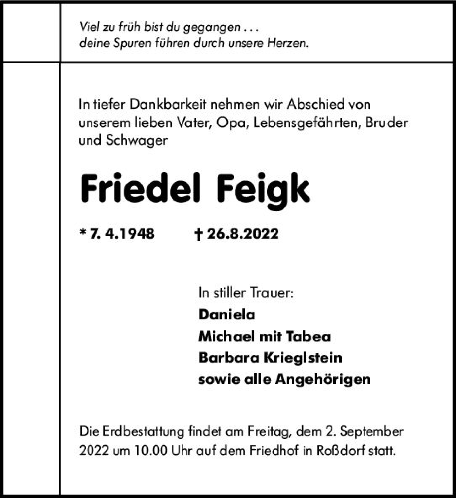  Traueranzeige für Friedel Feigk vom 31.08.2022 aus vrm-trauer Darmstädter Echo