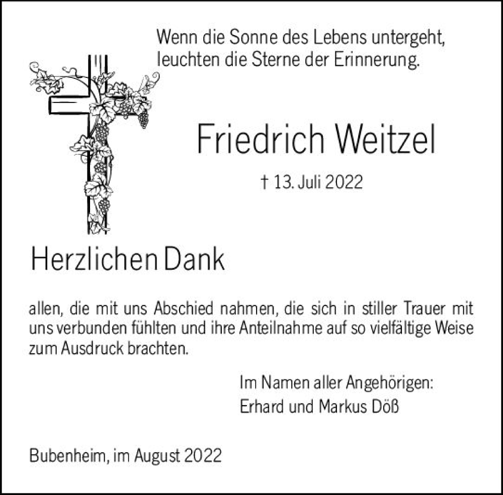  Traueranzeige für Friedrich Weitzel vom 27.08.2022 aus vrm-trauer Allgemeine  Zeitung Ingelheim-Bingen