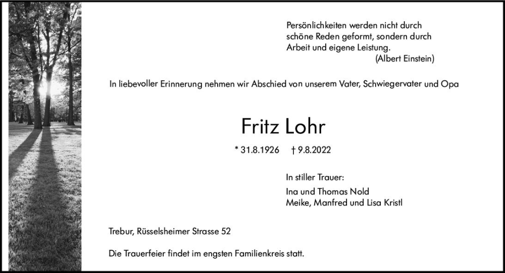  Traueranzeige für Fritz Lohr vom 12.08.2022 aus vrm-trauer Rüsselsheimer Echo / MainSpitze