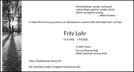 Traueranzeige von Fritz Lohr von vrm-trauer Rüsselsheimer Echo / MainSpitze