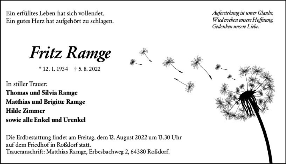  Traueranzeige für Fritz Ramge vom 10.08.2022 aus vrm-trauer Darmstädter Echo