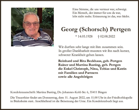 Traueranzeige von Georg Pertgen von vrm-trauer Allg. Zeitung Bad Kreuznach