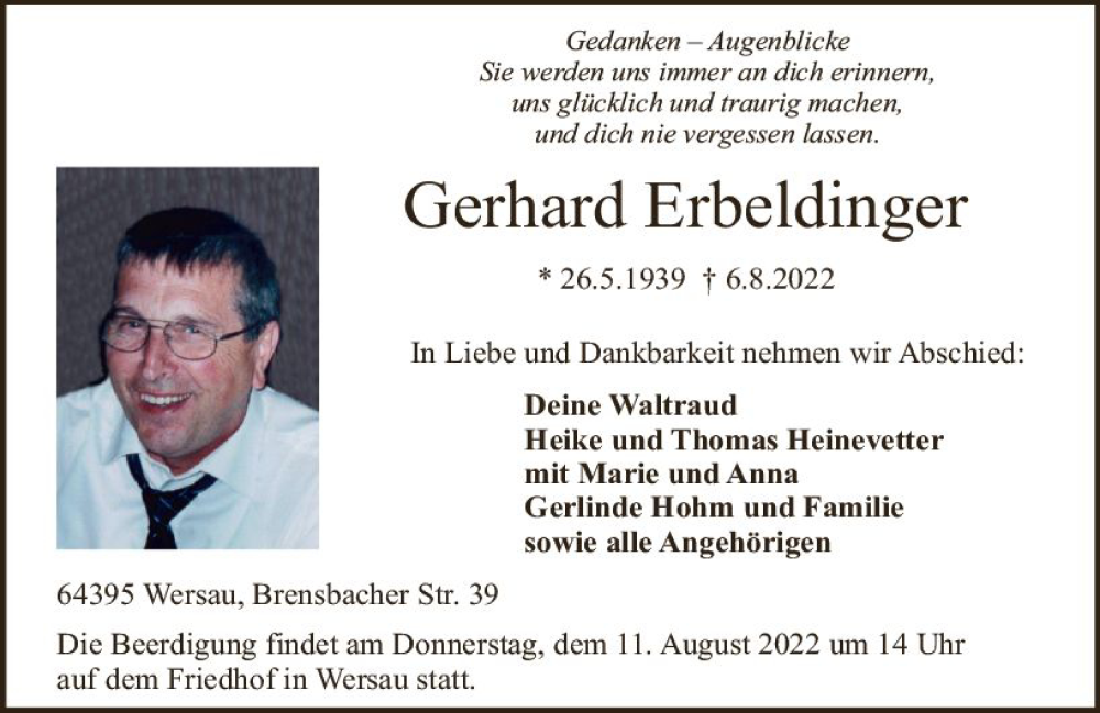  Traueranzeige für Gerhard Erbeldinger vom 09.08.2022 aus vrm-trauer Odenwälder Echo