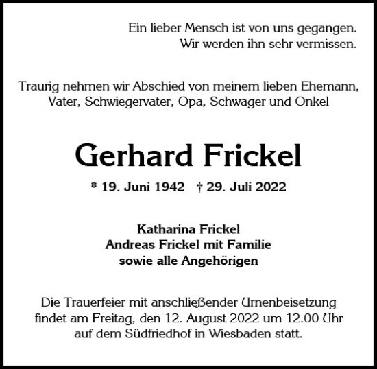 Traueranzeige von Gerhard Frickel von vrm-trauer Wiesbadener Kurier