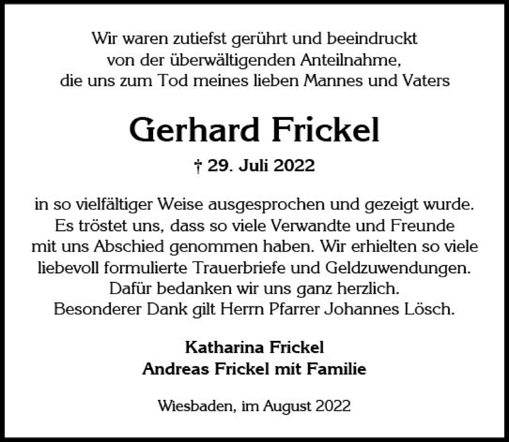  Traueranzeige für Gerhard Frickel vom 20.08.2022 aus vrm-trauer Wiesbadener Kurier