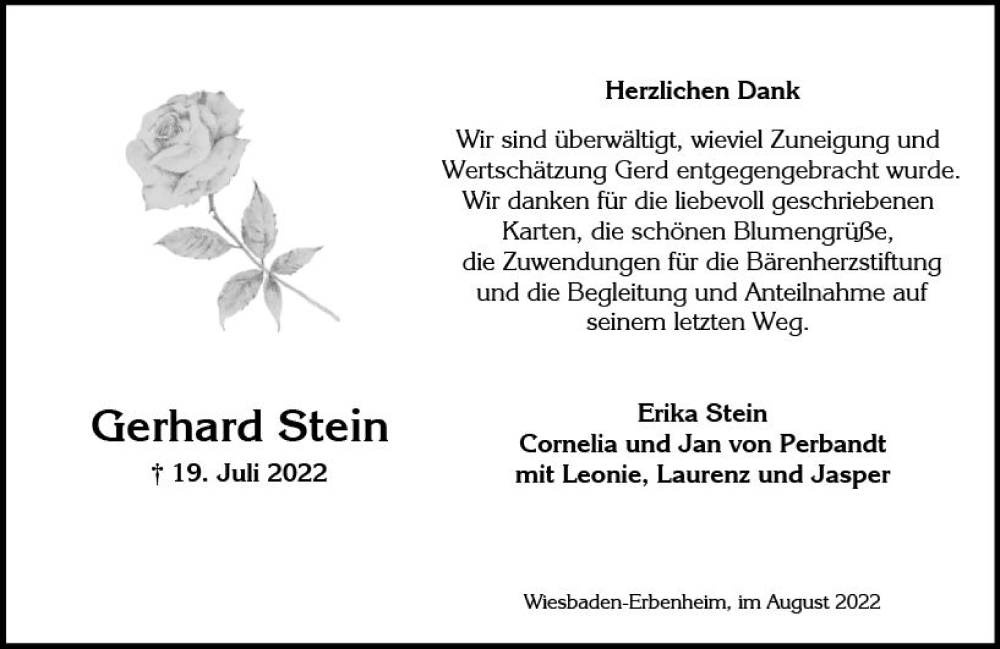  Traueranzeige für Gerhard Stein vom 13.08.2022 aus vrm-trauer Wiesbadener Kurier