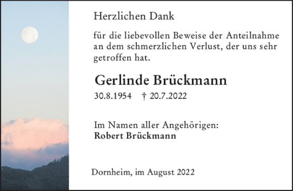  Traueranzeige für Gerlinde Brückmann vom 13.08.2022 aus vrm-trauer Darmstädter Echo