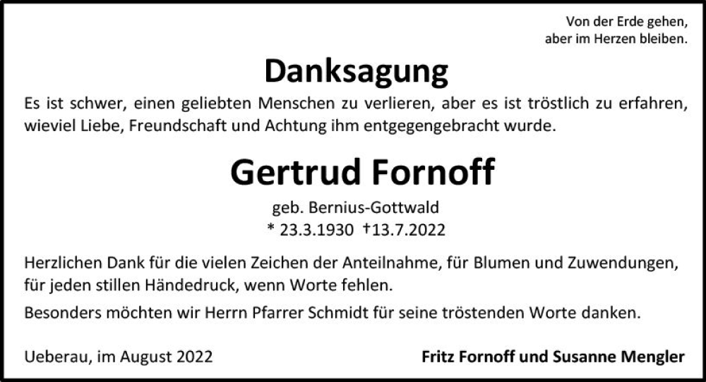  Traueranzeige für Gertrud Fornoff vom 27.08.2022 aus vrm-trauer Darmstädter Echo