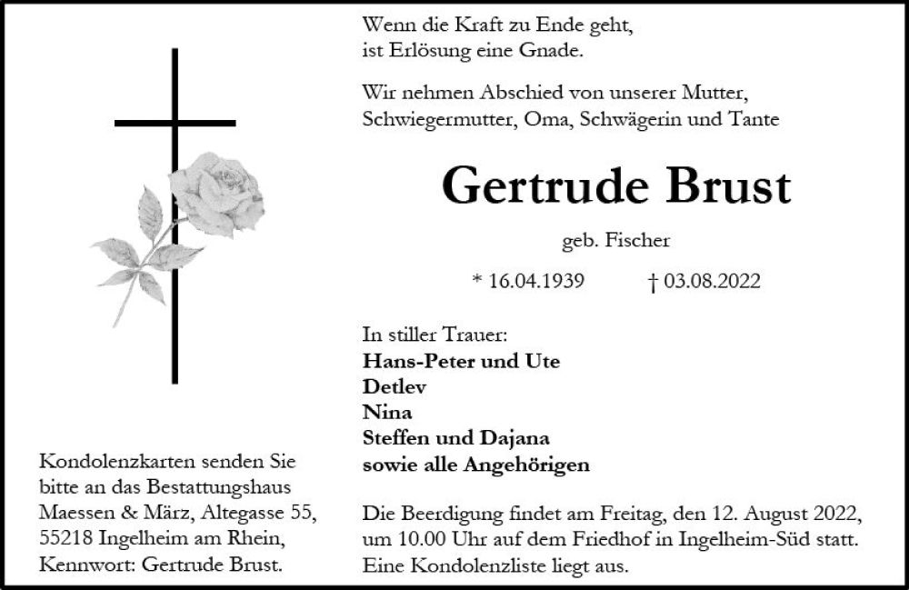  Traueranzeige für Gertrude Brust vom 06.08.2022 aus vrm-trauer Allgemeine  Zeitung Ingelheim-Bingen