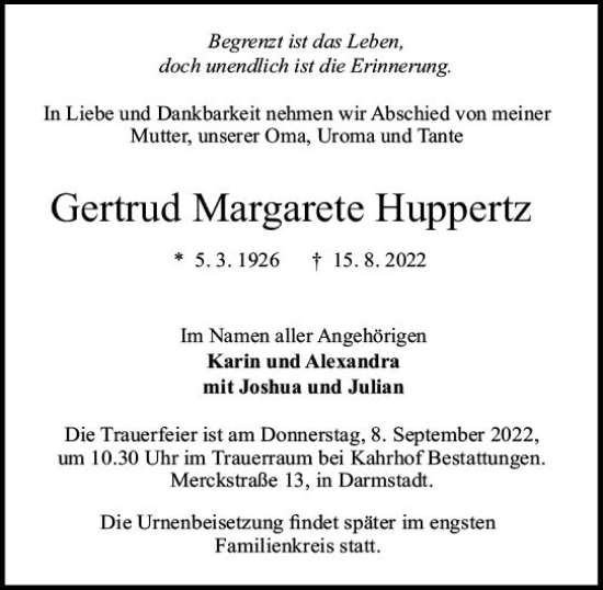 Traueranzeige von Gertrud Margarete Huppertz von vrm-trauer Darmstädter Echo