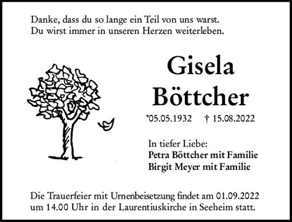  Traueranzeige für Gisela Böttcher vom 27.08.2022 aus vrm-trauer Darmstädter Echo