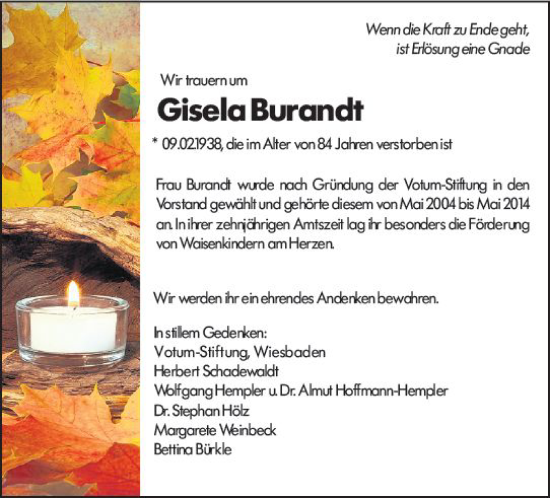 Traueranzeige von Gisela Burandt von vrm-trauer Wiesbadener Kurier