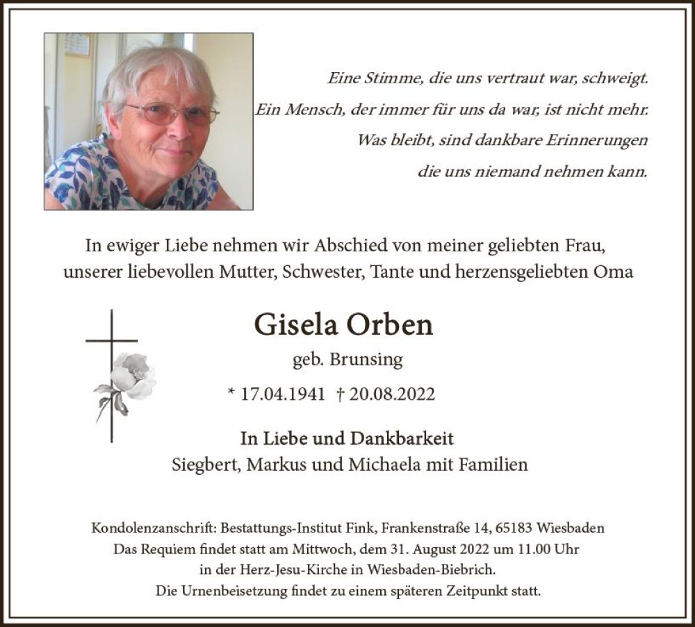  Traueranzeige für Gisela Orben vom 27.08.2022 aus vrm-trauer Wiesbadener Kurier