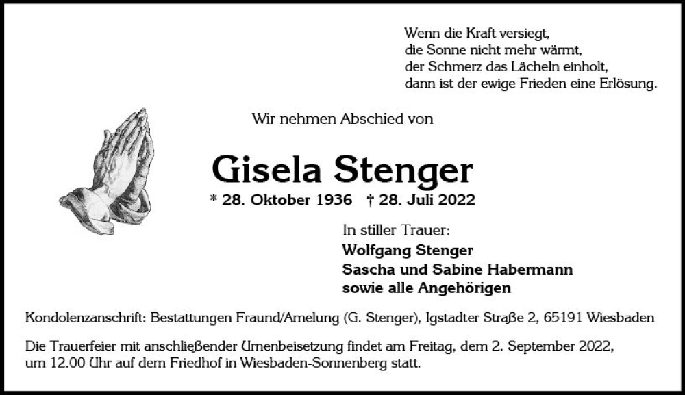  Traueranzeige für Gisela Stenger vom 27.08.2022 aus vrm-trauer Wiesbadener Kurier
