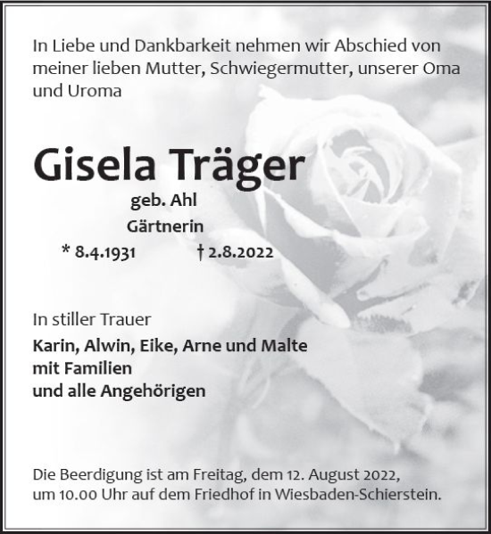 Traueranzeige von Gisela Träger von vrm-trauer Wiesbadener Kurier