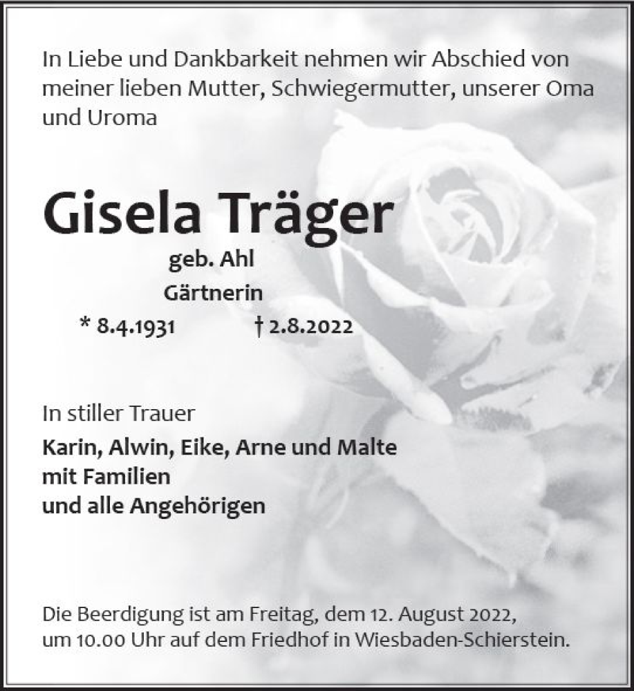  Traueranzeige für Gisela Träger vom 06.08.2022 aus vrm-trauer Wiesbadener Kurier