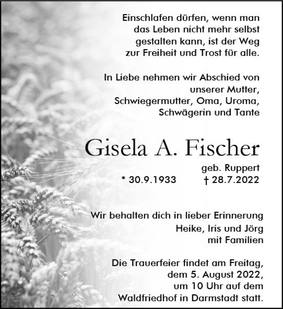  Traueranzeige für Gisela A. Fischer vom 03.08.2022 aus vrm-trauer Darmstädter Echo
