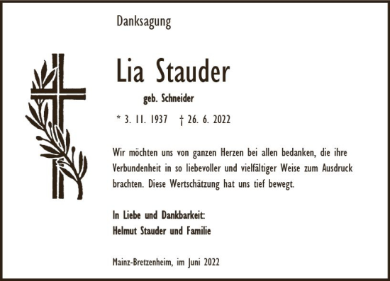 Traueranzeige von glLia St-auder von vrm-trauer AZ Mainz