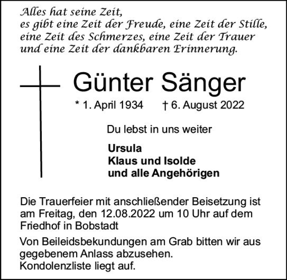  Traueranzeige für Günter Sänger vom 10.08.2022 aus vrm-trauer Bürstädter/Lamperth. Ztg/Starkenburger