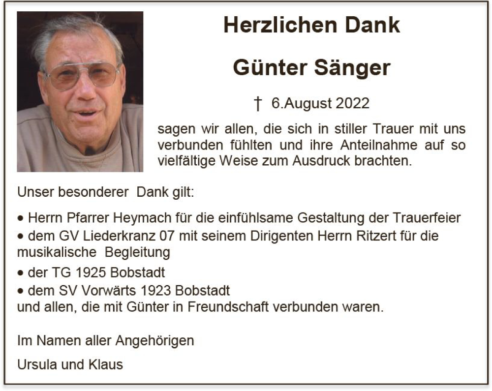  Traueranzeige für Günter Sänger vom 27.08.2022 aus vrm-trauer Bürstädter/Lamperth. Ztg/Starkenburger