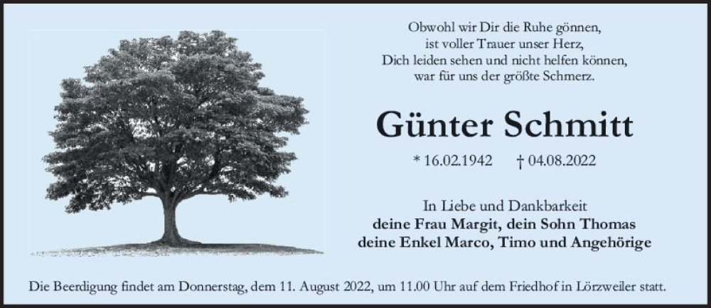  Traueranzeige für Günter Schmitt vom 08.08.2022 aus vrm-trauer AZ Mainz