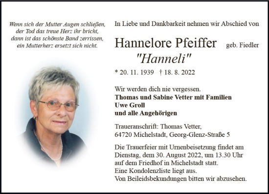 Traueranzeige von Hannelore Pfeiffer von vrm-trauer Odenwälder Echo