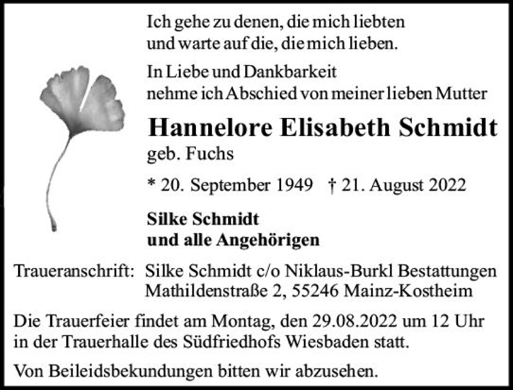  Traueranzeige für Hannelore Elisabeth Schmidt vom 27.08.2022 aus vrm-trauer Wiesbadener Kurier