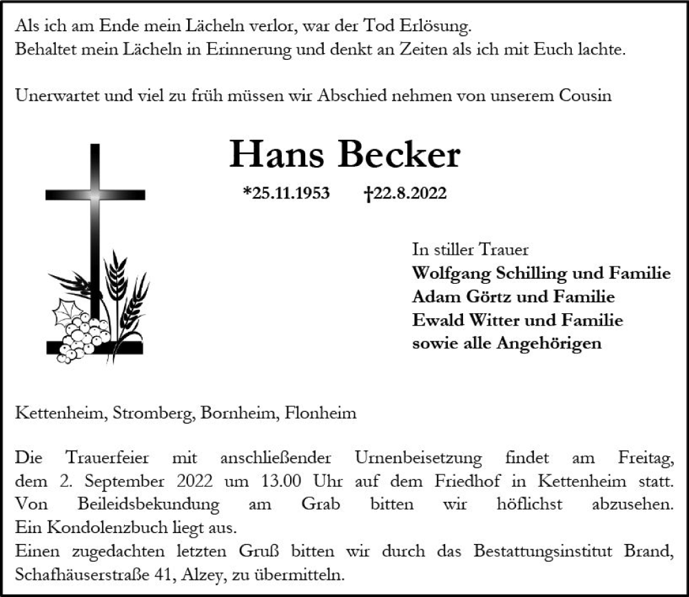  Traueranzeige für Hans Becker vom 30.08.2022 aus vrm-trauer Allgemeine Zeitung Alzey