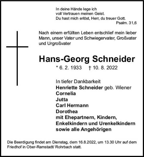 Traueranzeige von Hans-Georg Schneider von vrm-trauer Darmstädter Echo