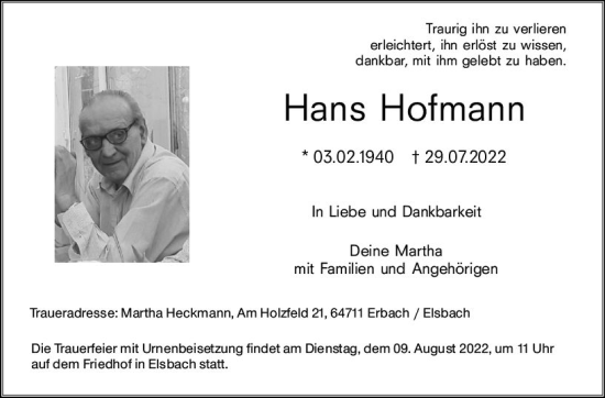Traueranzeige von Hans Hofmann von vrm-trauer Odenwälder Echo