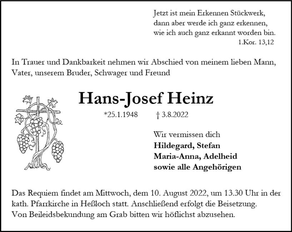 Traueranzeige für Hans-Josef Heinz vom 06.08.2022 aus vrm-trauer Wormser Zeitung