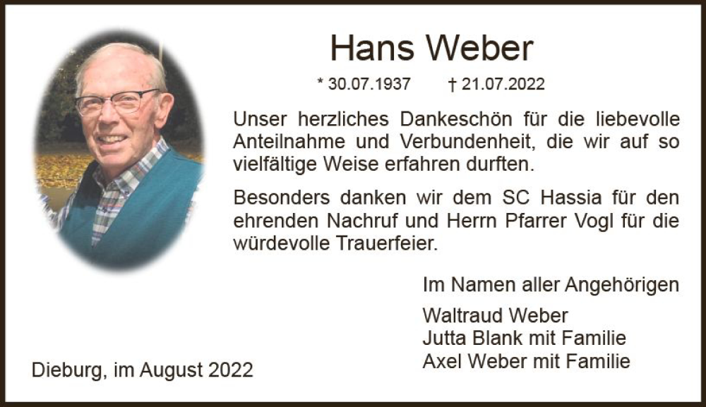  Traueranzeige für Hans Weber vom 27.08.2022 aus vrm-trauer DieburgerAnzeiger/Groß-Zimmerner Lokala