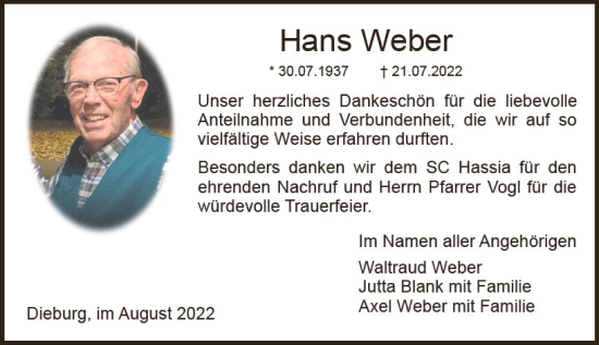 Traueranzeige von Hans Weber von vrm-trauer DieburgerAnzeiger/Groß-Zimmerner Lokala