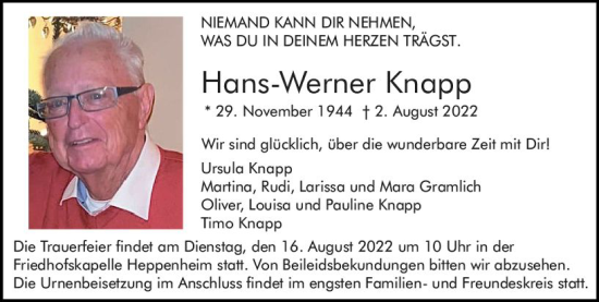 Traueranzeige von Hans-Werner Knapp von vrm-trauer Bürstädter/Lamperth. Ztg/Starkenburger