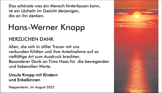 Traueranzeige von Hans-Werner Knapp von vrm-trauer Bürstädter/Lamperth. Ztg/Starkenburger