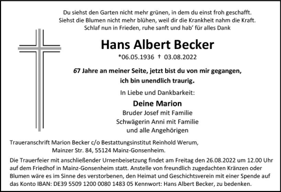 Traueranzeige von Hans Albert Becker von vrm-trauer AZ Mainz