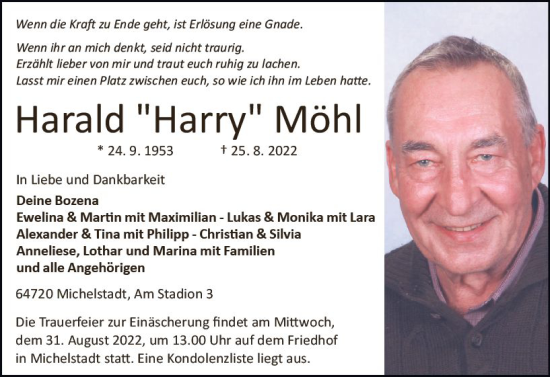 Traueranzeige von Harald Möhl von vrm-trauer Odenwälder Echo