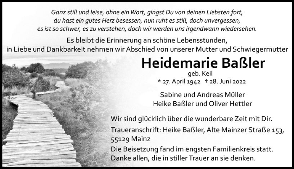  Traueranzeige für Heidemarie Baßler vom 06.08.2022 aus vrm-trauer AZ Mainz