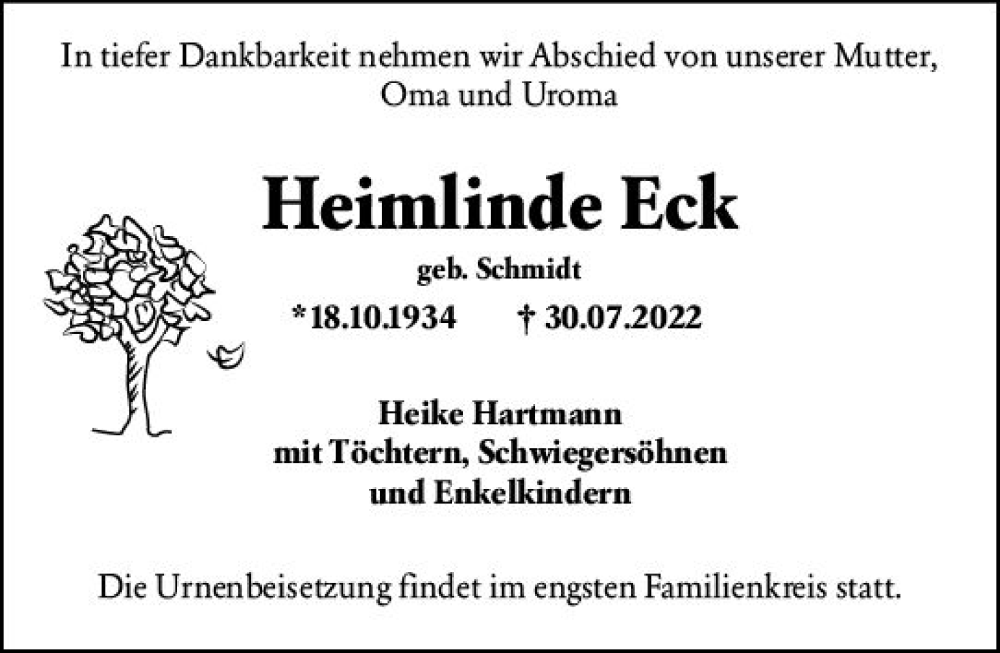  Traueranzeige für Heimlinde Eck vom 06.08.2022 aus vrm-trauer Wiesbadener Kurier