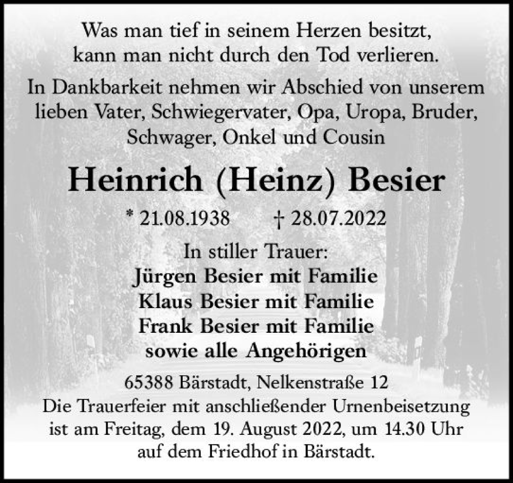  Traueranzeige für Heinrich Besier vom 13.08.2022 aus vrm-trauer Wiesbadener Kurier