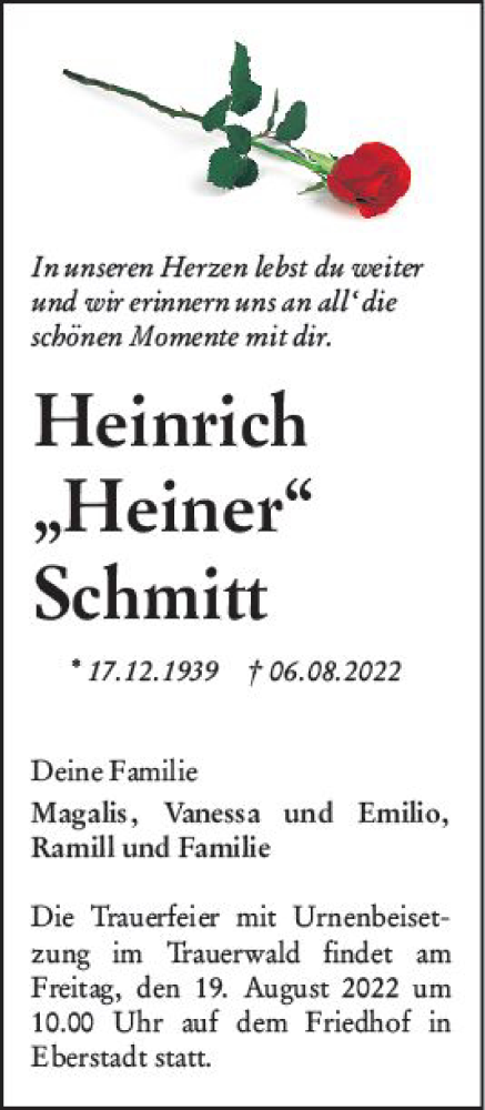 Traueranzeige von Heinrich Schmitt von vrm-trauer Darmstädter Echo