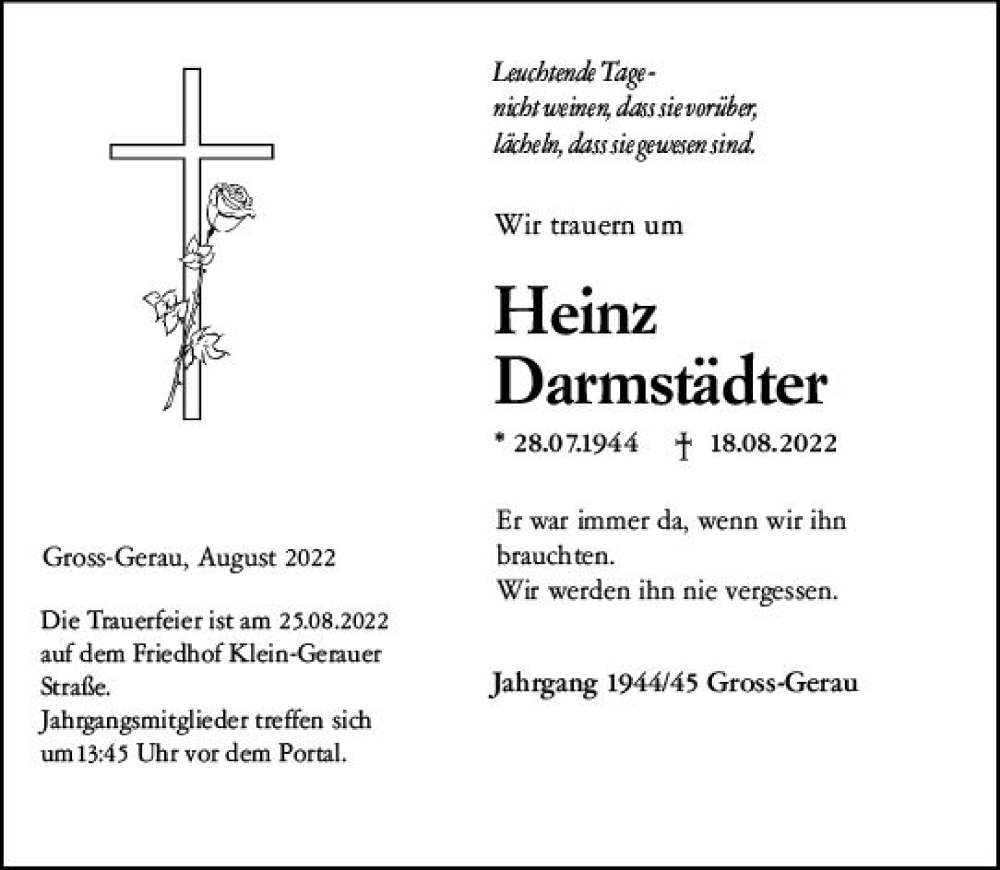  Traueranzeige für Heinz Darmstädter vom 25.08.2022 aus vrm-trauer Groß-Gerauer Echo