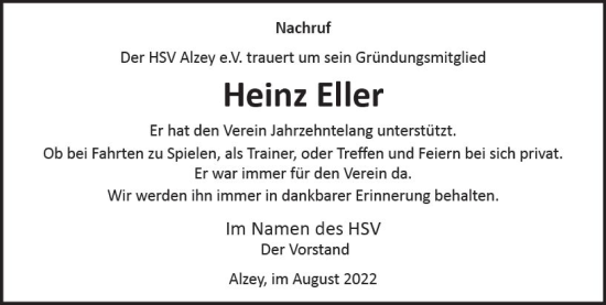 Traueranzeige von Heinz Eller von vrm-trauer Allgemeine Zeitung Alzey