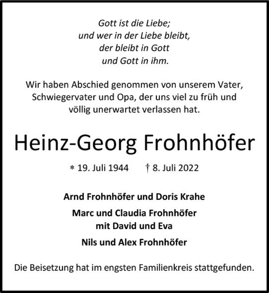  Traueranzeige für Heinz-Georg Frohnhöfer vom 06.08.2022 aus vrm-trauer Darmstädter Echo