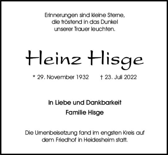 Traueranzeige von Heinz Hisge von vrm-trauer AZ Mainz