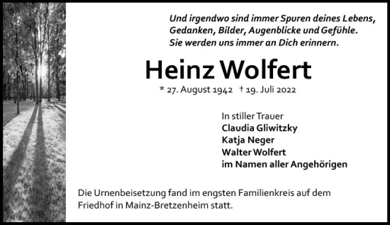 Traueranzeige von Heinz Wolfert von vrm-trauer AZ Mainz