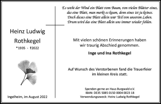 Traueranzeige von Heinz Ludwig Rothkegel von vrm-trauer Allgemeine  Zeitung Ingelheim-Bingen
