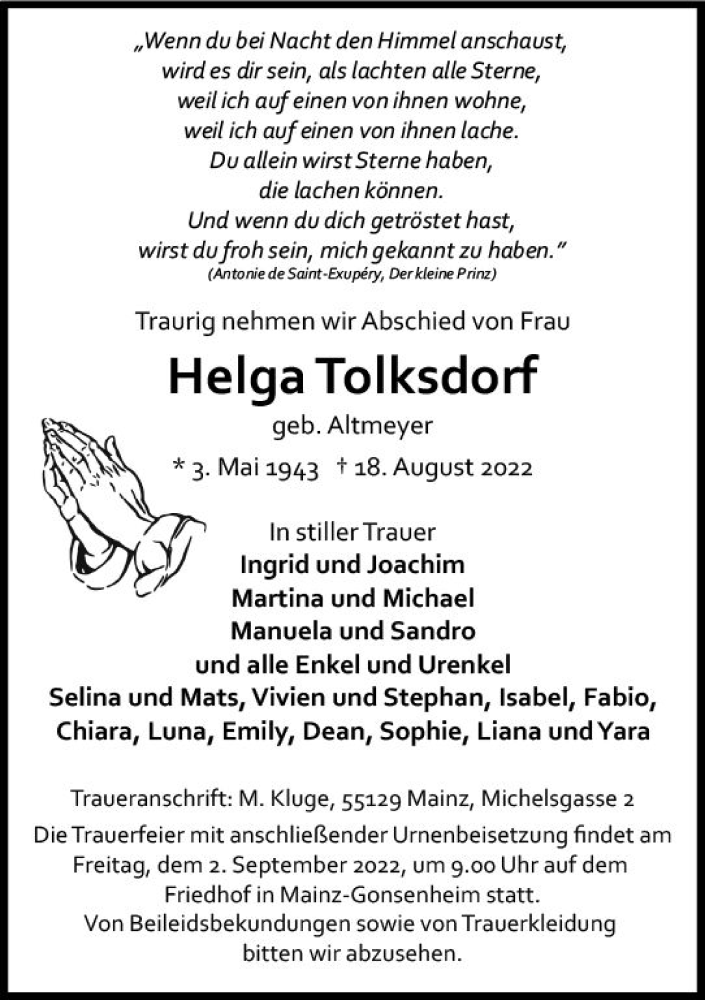  Traueranzeige für Helga Tolksdorf vom 27.08.2022 aus vrm-trauer AZ Mainz