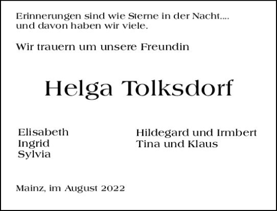 Traueranzeige von Helga Tolksdorf von vrm-trauer AZ Mainz