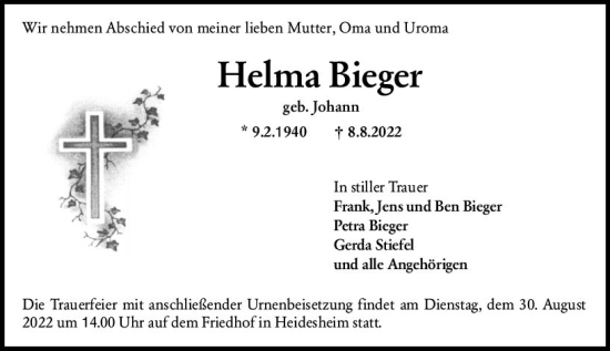 Traueranzeige von Helma Bieger von vrm-trauer Allgemeine  Zeitung Ingelheim-Bingen
